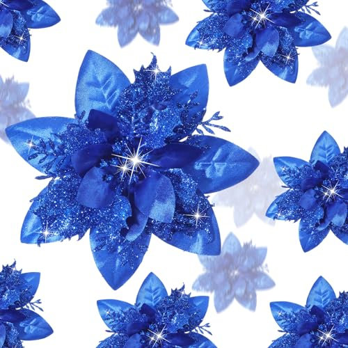 Geosar 36 Stück künstliche Weihnachtssterne mit Glitzer, Weihnachtsstern, künstliche Hochzeitsblumen, Dekorationen, Weihnachtsbaumschmuck mit Clips für Party, 15,2 cm, 10,2 cm, 7,6 cm (Königsblau)