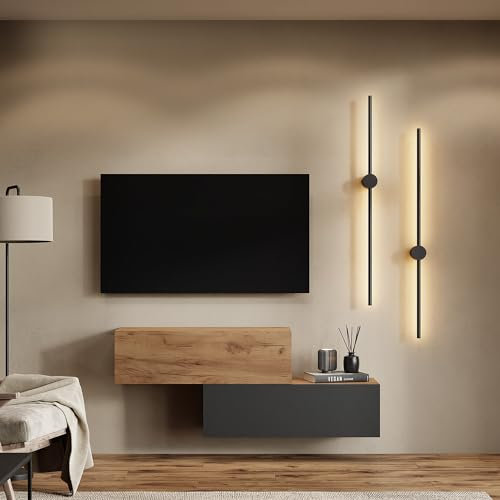 Planetmöbel Mueble de TV para salón, 2 x 100 cm, roble dorado, moderno, con 2 solapas como espacio de almacenamiento, colgante o de pie