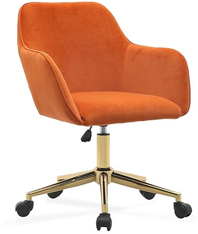 DEKKETO Orange Velvet Swivel Desk Chair, Makeup Vanity Chair with Wheels, Height Adjustable Dressing Table Chairs with Gold Base for Bedroom, Vanity Room, Home Office