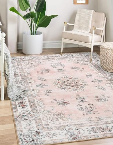 Lahome Waschbarer Teppich für Wohnzimmer, 15,2 x 22,9 cm, Vintage-Blumenmuster, Rosa, großer Teppich für Kinderzimmer, Mädchen, Schlafzimmer, rutschfest, leicht, faltbar, für Wohnheim, Zuhause, Büro