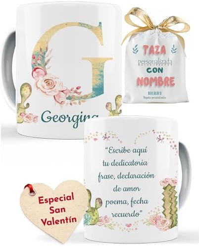 Taza personalizada con nombre e inicial y diseño de cactus, taza de cerámica inicial y nombre, personalizada, cumpleaños, taza de café, regalos personalizados para mujer (G)