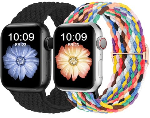 Finoriss Cinturino compatibile con Apple Watch 42 mm, 44 mm, 45 mm, 49 mm, in nylon intrecciato elastico per Apple Watch Series 9 SE 8 7 6 5 4 3, nero/Pride Edition