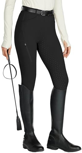 WILLIT Reitleggings Damen Reithose Silikon Vollbesatz High Waist Stretch Reithose mit Reißverschlusstasche Gürtelschlaufen Schwarz M