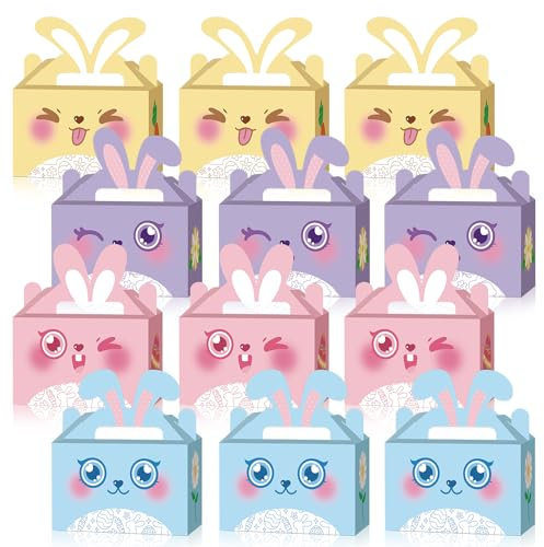 12pcs Ostern Treat Boxen Geschenk Boxen Bunny Eier Korb Container Hollowing Bunny Form Süßigkeiten Goodie Cookie Halter mit Griff für Kinder Schule Klassenzimmer Party Favour Dekor