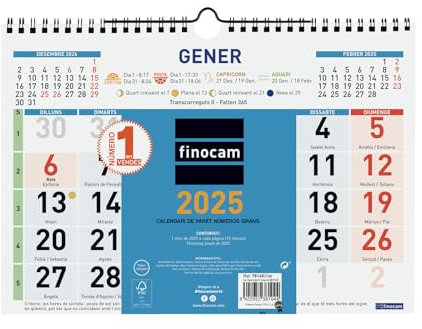Finocam Wandkalender mit großen Zahlen 2025, Monatsansicht, Januar 2025 – Dezember 2025 (12 Monate), Katalanisch
