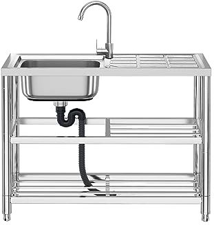 Évier de Cuisine Inox 1 Bac Lavabo Extérieur Évier de Jardin Restaurant Commercial Portable sur Pied avec Établi pour Cuisine Restaurant Garage Camping-car (75 * 40 * 80cm)