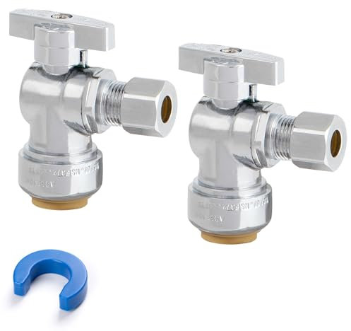 JUWO 1/2 x 3/8 OD Compression Angle Stop Valve for PEX, Copper, CPVC Pipe and Water Line, Push to Connect Brass Plumbing Fitting, Quarter-Turn Toilet Shut Off Valve with Disconnect Clip(2 Pack)