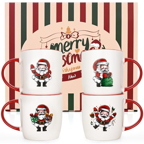 Joymaking Juego de 4 tazas navideñas, tazas de café de Navidad, decoraciones navideñas, decoración navideña, juego de tazas de Navidad para mujeres y amigos, 310 ml