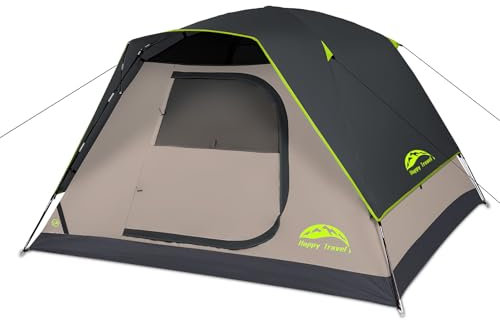 Happy Travel Campingzelt, 4 Personen Kuppelzelte für Camping mit Regenfliege, wasserdichter Clip, einfacher Aufbau, tragbares Familienzelt mit Netzfenstern, 20% mehr Kopffreiheit, Rucksackzelte für