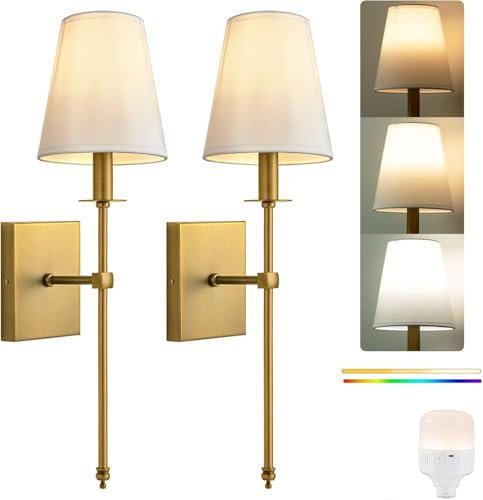AOLALA Battery Wall Sconces Sets of 2, Classic Brushed Brass Sconces Wall Lighting,Hardwired Bathroom Vanity Light Fixture with Fabric Shade for Bedroom Living Room