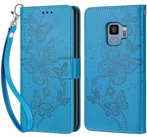 Handyhülle für Samsung Galaxy S9 Hülle, Premium Leder Flip Klappbare Stoßfeste Magnetische [Standfunktion] [Kartenfächern] Schutzhülle Tasche - Blau Schmetterling