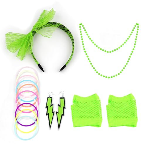 80er Jahre Outfit Damen Accessoires 16PCS 90er 80er Jahre Accessoires 80er Jahre Kleidung Damen Set mit Netzhandschuhe,Stirnband,Halskette,ecc. Kleidung Kostüm Neon Accessoires Party Karneval (Grün)