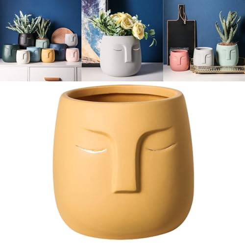 Boxonly Face Planter (Yellow, Large, With Hole, With Matching Tray) - Ceramic Plant Pot for Succulents, Flowers, and Small Plants - Nordic Minimalist Vase for Indoor and Outdoor Home Decor