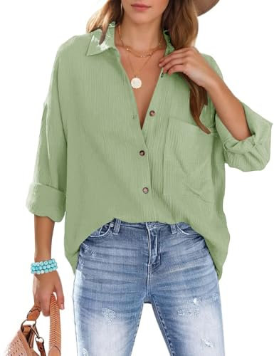 Lonya Chemisiers Blouse Femme Élégant Chemise Blanc Femme Décontractée avec col en V Manches Longues 100% Coton Coupe Ample Haut Solide Boutons Top avec Poche, Vert, XXL