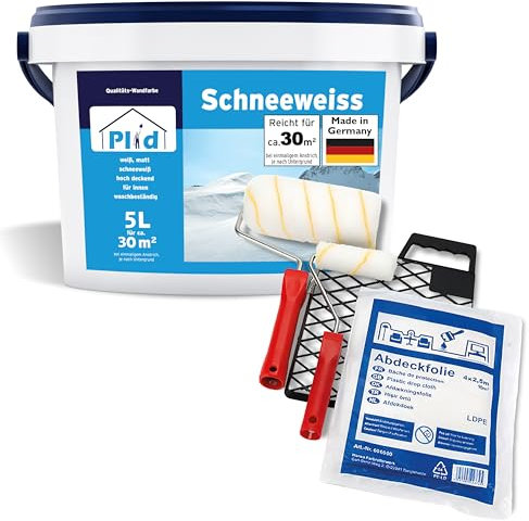 Plid® Peinture murale blanche de 5 l avec kit de peinture 6 pièces. [Haut pouvoir couvrant] - Peinture murale blanche polaire à faible odeur - Peinture murale blanche neige - Peinture murale pour