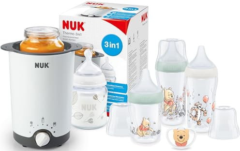 NUK Perfect Match Ensemble de biberons Winnie l'ourson & Thermo 3 en 1, chauffe-biberons, dans un kit de démarrage, pour décongeler, réchauffer et maintenir au chaud des aliments liquides et en