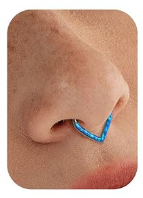 BodyBonita Opal 16G Träne Septum Piercing Schmuck - Septumring mit Scharnier aus Chirurgischem Stahl 316L Nasenring Conch Helix Piercing Schmuck Daith Ohrring, Blau Opal, 8 mm, Silber