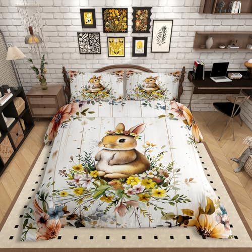 Homewish Kaninchen Kinderbettwäsche 135x200 Aquarell, Blumen Tiere Bettbezug Niedlich für Mädchen Jungen, Braunbeige Ästhetische Bett Set, mit 1 Kissenbezug Holzbrett Dekor, Weiche Mikrofaser
