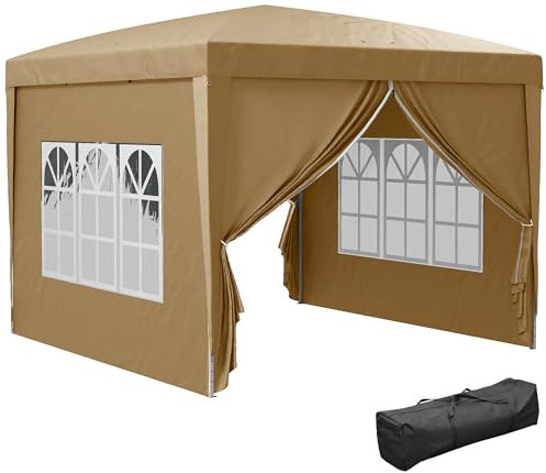 Outsunny Pop-Up-Pavillon, wasserabweisend, für Hochzeit, Camping, Party, Zelt, Baldachin, Festzelt mit Tragetasche und 2 Fenstern, Khaki, 3 x 3 m