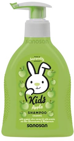 sanosan Kindershaampoo Apfel 200 ml - Haar Shampoo Kinder & Babys mit Bio Olivenextrakt & Milchprotein - Haarpflege Kindershampoo für Mädchen & Junge - Kinder Shampoo