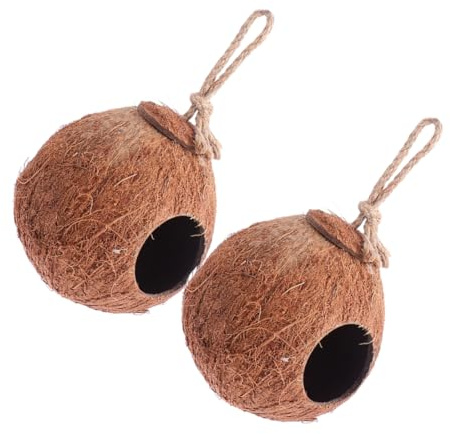 PAMINGONO 2 Stück Dekoratives Vogelbett aus Natürlicher Kokosnussschale mit Hängendem Design und Futterplatz für Papageien im Garten oder Baumzweigen