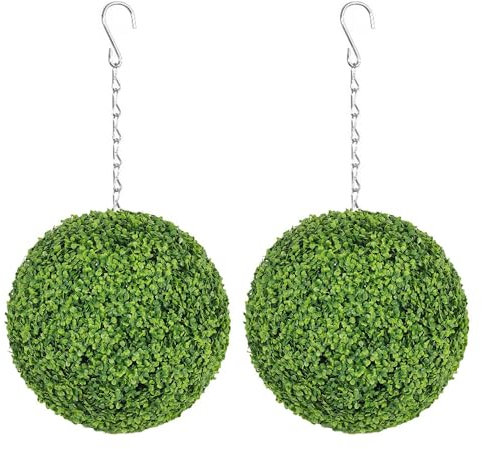 2 Pcs Topiary Balls 23cm, Artificial Plant Boxwood Sphere, UV Protected, No Maintenance Ever Green Fake Leaf, Easy to Assemble Hanging Balls for Patio, Garden, Indoor & Outdoor (Green)
