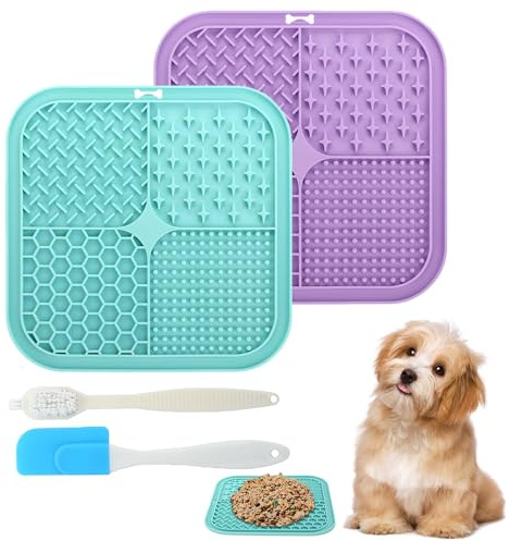UFLIX Dog Lick Mat 2 Pcs-Slow Feeding Licking Pads with Suction Cups for Anxiety Relief & Boredom, Pet Calming Enrichment Mat for Dogs & Cats (1 Scraper + 1 Cleaning Brush) (Green,Purple, Standered)
