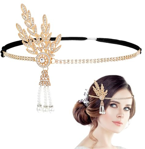 Lnngub Flapper-Stirnband, 1920er-Jahre-Stirnband mit Blatt-Strasssteinen, Kopfschmuck, Perlenquaste, brüllende 1920er-Jahre-Kopfbedeckung für Damen (Gold)
