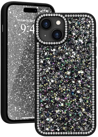 Ethanger Glitter Rhinestone Crystal Case for iPhone 15 Plus/14 Plus, Black | Glamorous Sparkling Back, Aesthetic Bling Diamond Cover, for Women Girls, Shockproof Protective Phone Case