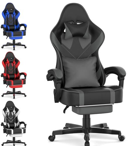Soontrans Silla Gaming con Reposapies, Silla Gamer Ergonomica, Sillas Gaming con Reposacabezas, Cuero sintético, Alfombrilla de ratón, Altura Ajustable para Juegos（Ceniza&Negra）