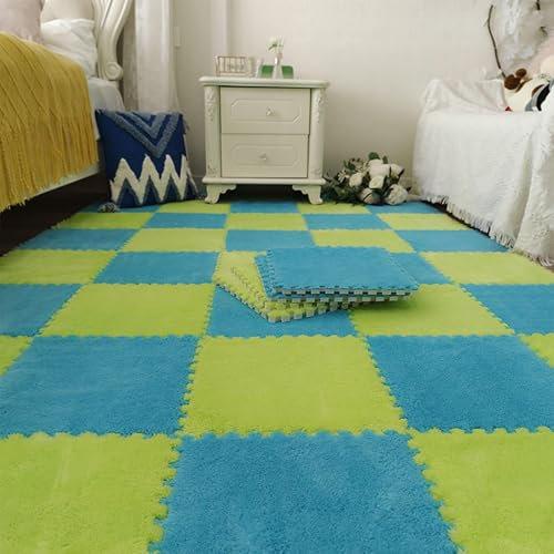 30pcs, 1.0cm Thickened Fluffy Interlocking Carpet Tiles, Jigsaw Puzzle Rug Carpet Shaggy Plush Puzzle Square Foam Floor Mat Tiles(Dark Blue+green)