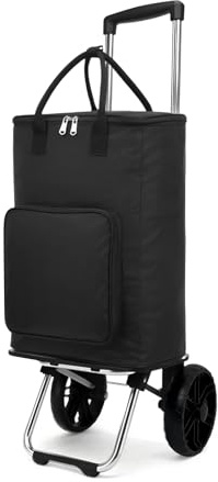 Einkaufstrolley Klappbar, Einkaufswagen mit Kühlfunktion, Shopping Trolley Sackkarre zum Einkaufen, Einkaufskorb mit Rollen(Schwarz, 50L)