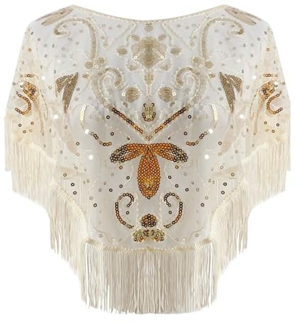 1920er Jahre Schal Abendumhang 20er Jahre Art Deco Abendschal mit Fransen Flapper Umhang Schal Abendkleid mit Pailletten für Abschlussball Retro Gatsby Party Kostüm Accessoires Apriksfarbe