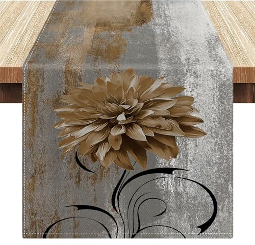 Tischläufer Braun Retro Tischläufer mit Dahlie Blume Bauernhaus Tischdekoration Leinen Rustikales Ölgemälde Tisch Läufer Akzenttisch Dekorative Tuch 33 x 183 cm für Küche Kaffee Urlaub Partys