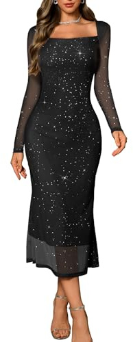 DRESSTELLS Sequin Formal Dresses for Women, Sparkly Long Sleeve Bodycon Mesh Cocktail Wedding Guest Evening Party Prom Gala Funeral Dress Black 2XL