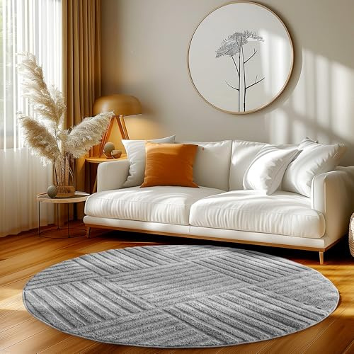 HomebyHome Wohnzimmer Teppich Rund 80 cm Grau Hochflor Skandi Boho Karo Design Hoch-Tief Effekt Weicher Shaggy Langflor Flauschig Robust Pflegeleicht Modern für beistelltisch