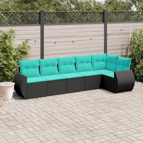 LoogCape 6-teiliges Gartensofa-Set mit blauen Kissen, schwarzes Polyrattan, modulares Design für Terrasse und Balkon, wetterfest und langlebig