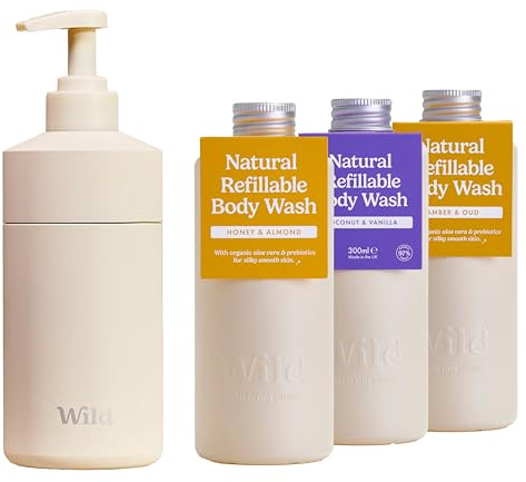Wild Kit de Gel Douche Rechargeable Wild - Boîtier en Aluminium Ivoire et Lot de 3 Recharges aux Parfums Variés - 95% d'Ingrédients Naturels - Coconut & Vanilla, Honey & Almond and Amber & Oud