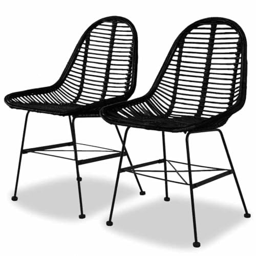 KGFHERENB Set of 2 Black Natural Rattan Dining Chairs with Iron Legs