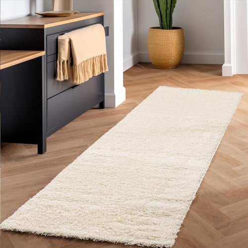 SIMPEX Shaggy Hochflor Teppich, 80x150 cm, Creme, weich, flauschig, modern, einfarbig, Ideal für Flur oder Kinderzimmer, für Wohnzimmer Schlafzimmer Flur