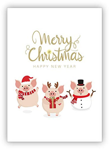 4 Stück im Set: Super lustige Weihnachtskarte mit kleinen Schweinchen: Merry Christmas & happy new year • Klappkarten Set mit Umschlägen zum Weihnachts-Fest, Neujahr für Familie, Freunde