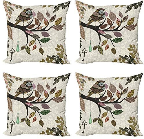 ABAKUHAUS Natur Dekokissen Kissenbezug 4er Pack, Frühlings-Blumen Vögel Französisch, Modern Accent Doppelseitiger Digitaldruck, 50 x 50 cm, Braun und Beige