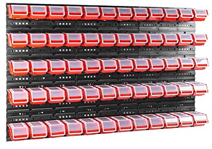 Lot de 60 boîtes avec couvercle + étagère murale 120 x 80 cm - Boîtes empilables - Système de rangement (rouge)