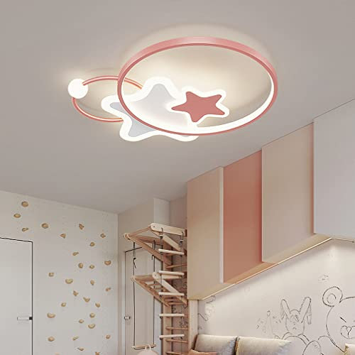 Plafoniera led Dimmerabile con telecomando, Lampada da Soffitto per Bambino/Ragazzo/Ragazza Cameretta Soggiorno Cucina Bagno, Moderno Stella Design Lampadario Paralume in Acrilico Ø52*H6cm (Rosa)