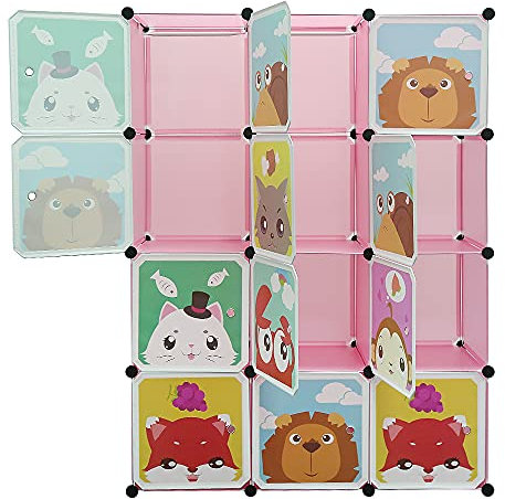 Supfine Erweiterbares Kinderregal Kinder Kleiderschrank, 12 Würfel, Regalsystem mit Türen & 2 Aufhängern, Aufbewahrungsmöbel Schlafzimmer Kleiderschrank Für Kleidung Schuhe Spielzeug (Rosa)