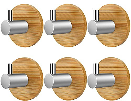 Atuful Klebehaken Holz Edelstahl Handtuchhalter Bambus Handtuchhaken Haken Selbstklebend Handtuchhaken für Badezimmer Küche Wohnzimmer Büro(6 Stück)