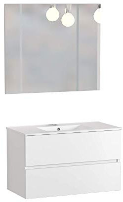 Baikal, Conjunto de baño Natura. Mueble de Baño de Fondo Reducido, con Lavabo cerámico. Distribución Dos Cajones. Mueble MONTADO. Dos Cajones con Espejo. Fondo 36cm 80 cm Blanco