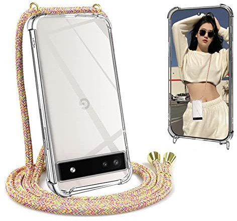 Ptny Handykette kompatibel mit Google Pixel 6 Handyhülle mit Band zum Umhängen, Schutzhülle Ultra Dünn Stoßfest Silikon Transparent Hülle mit Kette, [Regenbogen]