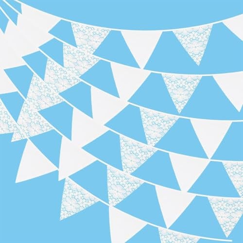 G2PLUS 12m Spitze und Weiß Wimpelkette Stoff, 42 STK Große Stoffgirlande, 19x21CM Stoff Wimpel Girlande für Haus und Garten Dekoration