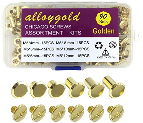 Alloygold 90 Sets Gold Chicago Bindungsschrauben Sortierte Kit Nagel Niete Chicago Knopf DIY Leder Dekoration Buchbinde Runde Flachkopf Bolzschraube enthält 6 Größen von Muttern und 3 Größen von